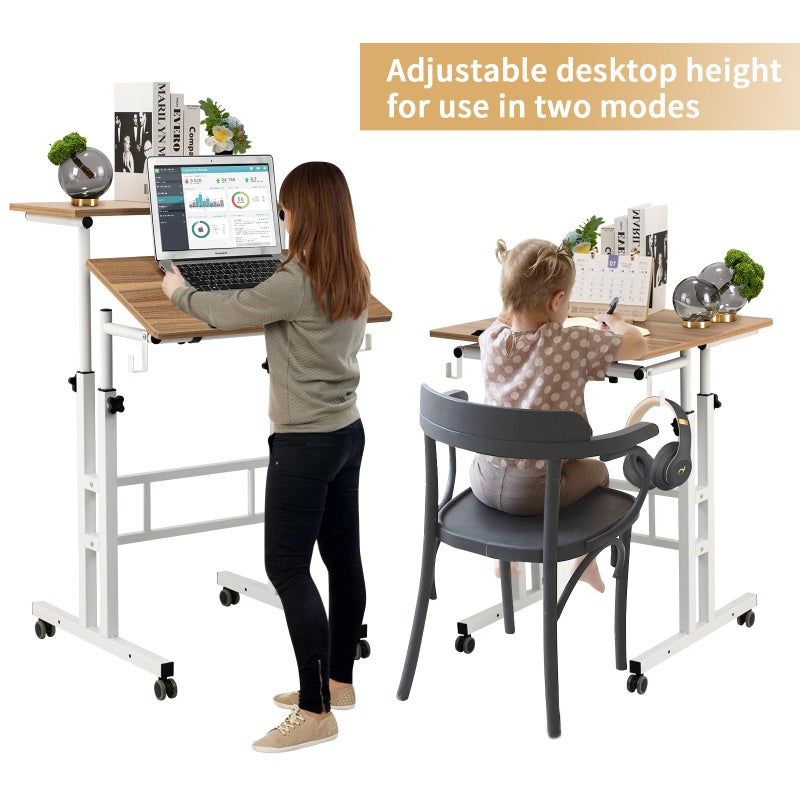 SIDUCAL Small Standing Desk, Portable Stand Up Desk, Height Adjustable Mobile Standing Table Converter with Wheels Computer Workstations, Rolling Laptop Cart for Stand or Sit, Vintage Oak - Image 2